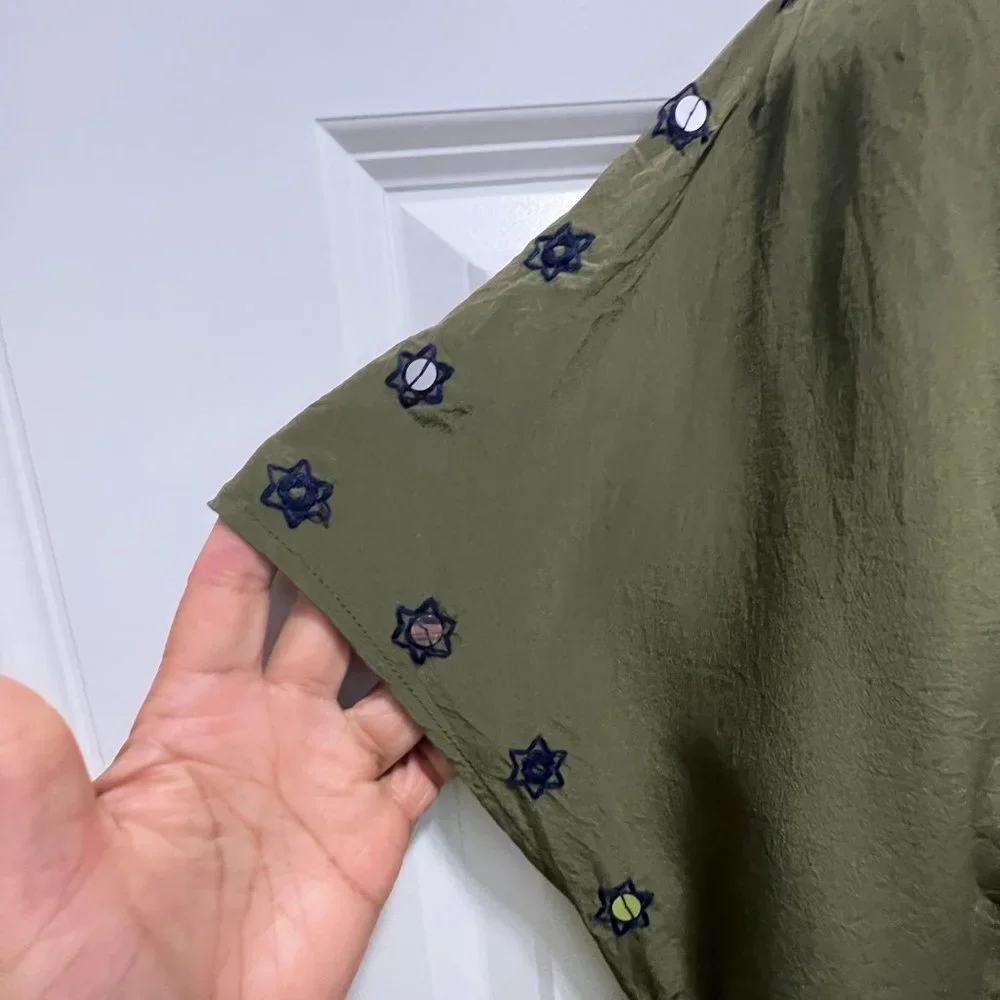 Tory Burch sz 10 Camille olive silk top with navy embroidery/ sequined embellish